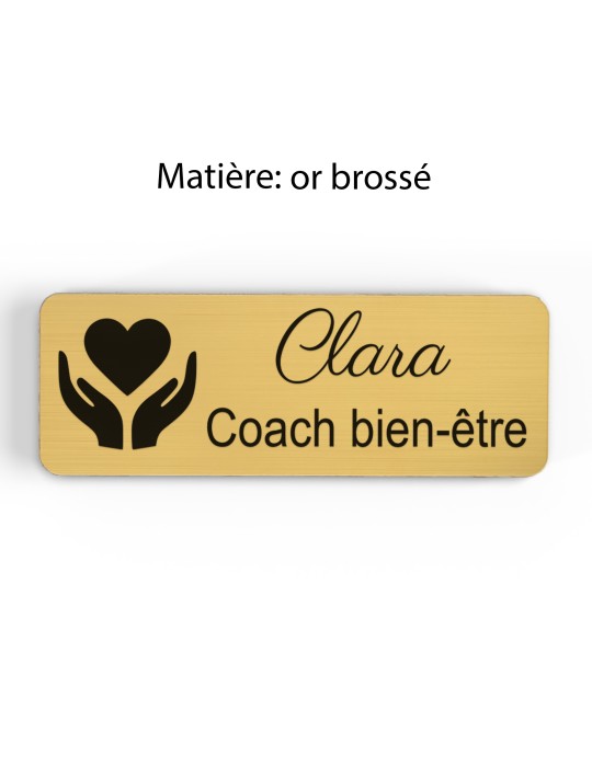 Badge personnalisé coach bien-être, motif coaching et épanouissement, finition or brossé