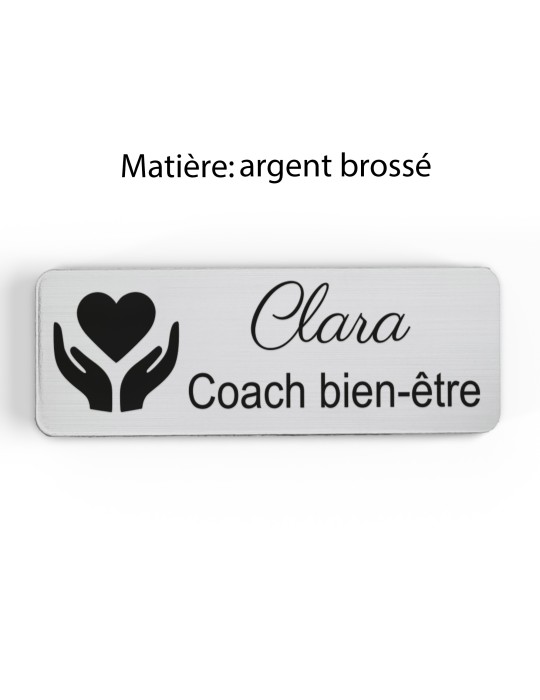Badge personnalisé coach bien-être, motif coaching et épanouissement, finition argent brossé