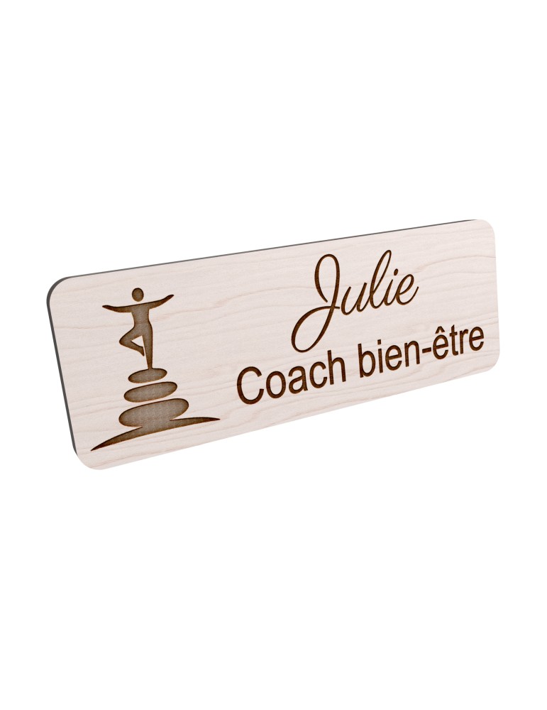 Badge personnalisé coach bien-être, motif coaching et épanouissement, vue en biais