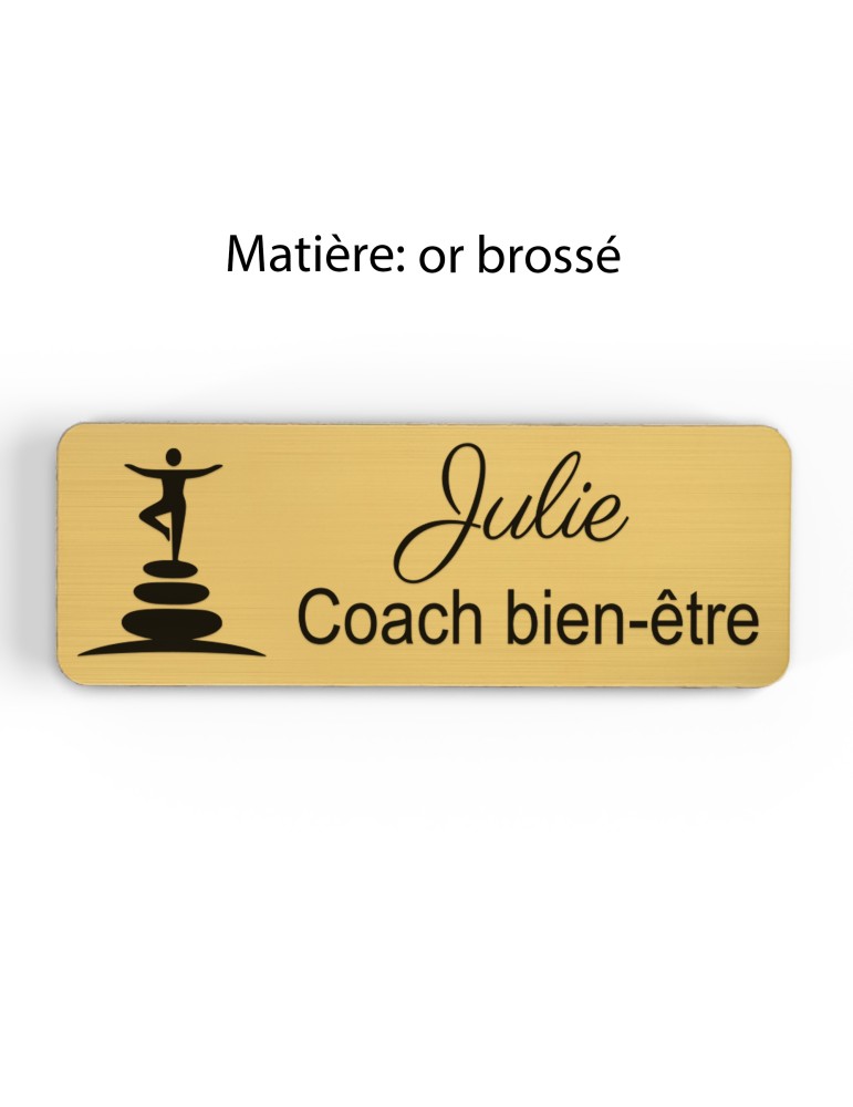 Badge personnalisé coach bien-être, motif coaching et épanouissement, finition or brossé