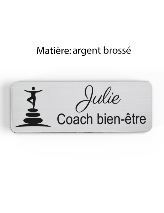 Badge personnalisé coach bien-être, motif coaching et épanouissement, finition argent brossé