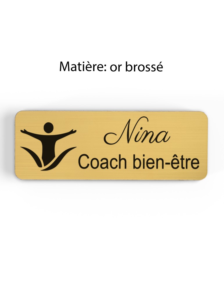 Badge personnalisé coach bien-être, motif coaching et épanouissement, finition or brossé