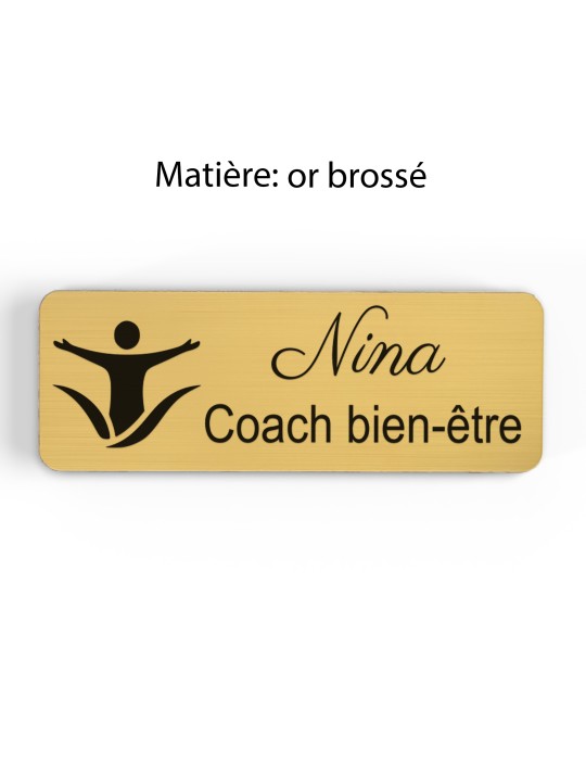 Badge personnalisé coach bien-être, motif coaching et épanouissement, finition or brossé