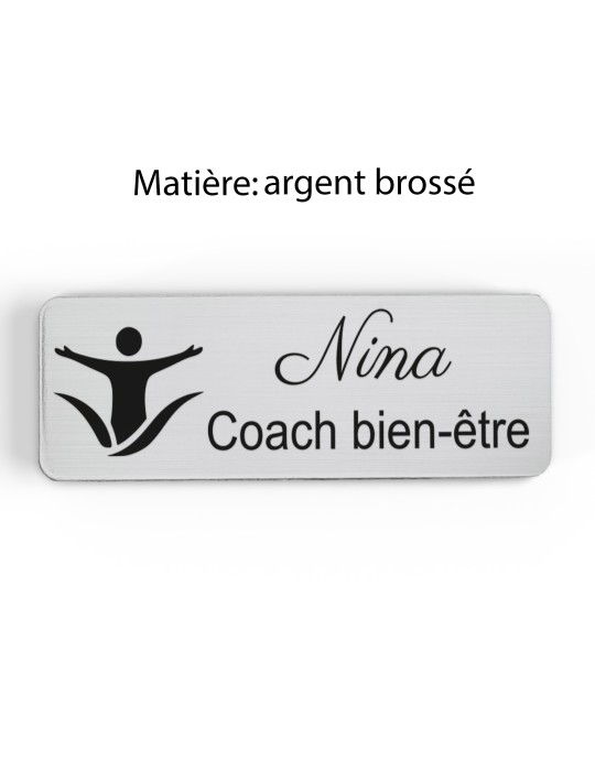 Badge personnalisé coach bien-être, motif coaching et épanouissement, finition argent brossé