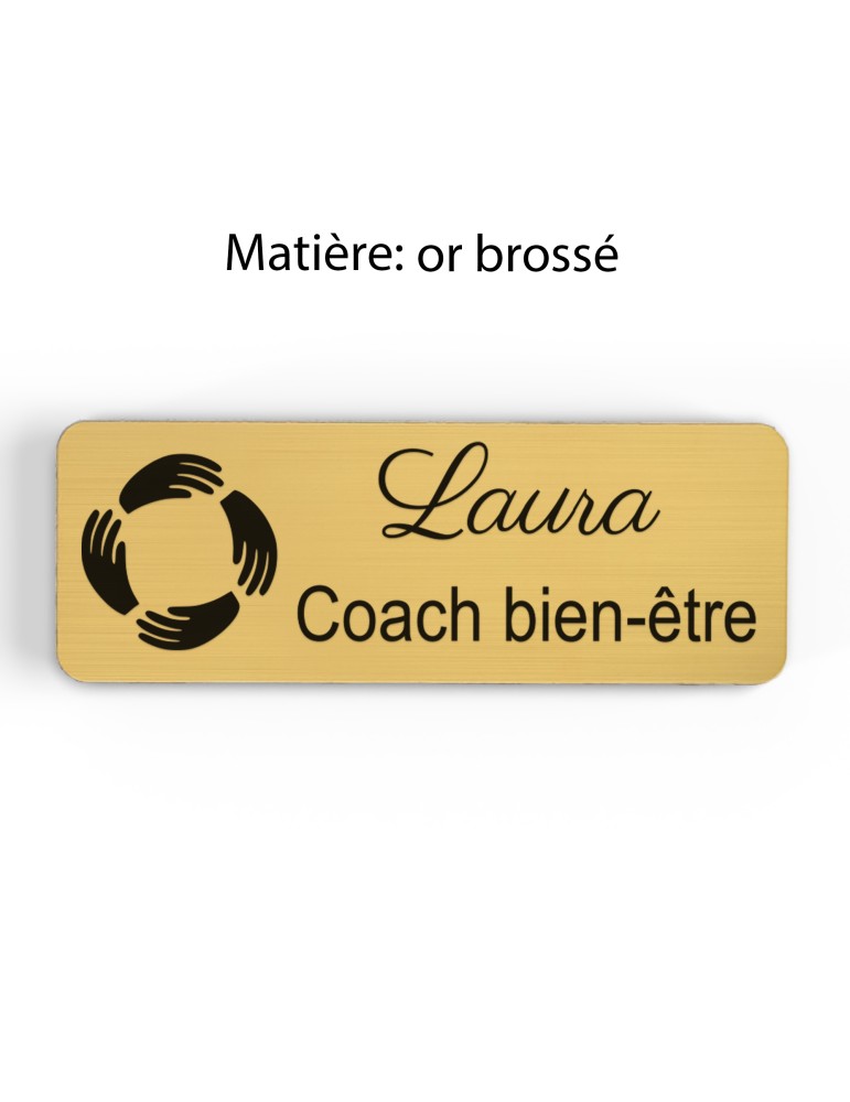 Badge personnalisé coach bien-être, motif coaching et épanouissement, finition or brossé