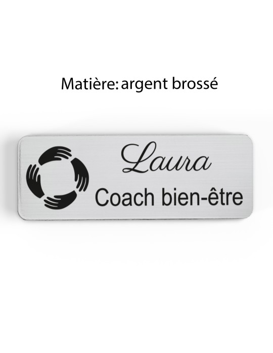 Badge personnalisé coach bien-être, motif coaching et épanouissement, finition argent brossé