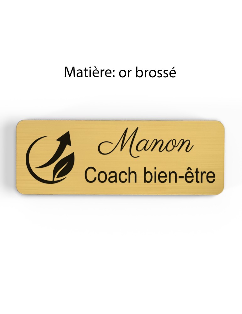 Badge personnalisé coach bien-être, motif coaching et épanouissement, finition or brossé