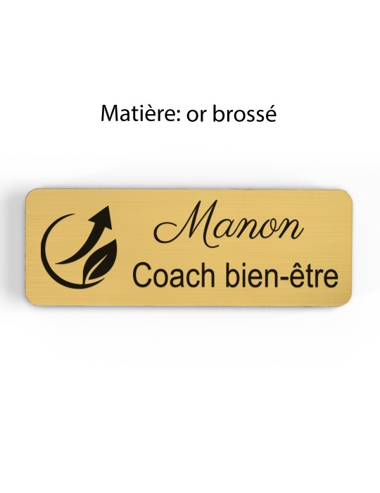 Badge personnalisé coach bien-être, motif coaching et épanouissement, finition or brossé