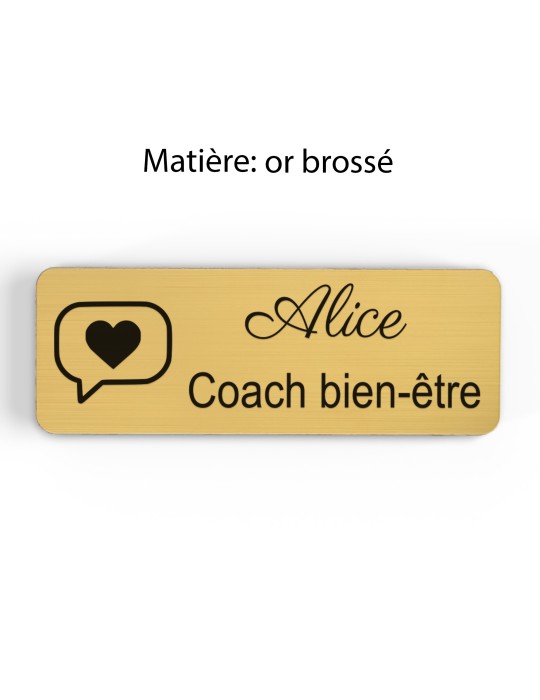 Badge personnalisé coach bien-être, motif coaching et épanouissement, finition or brossé
