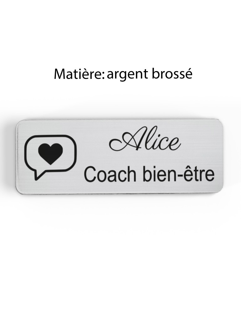 Badge personnalisé coach bien-être, motif coaching et épanouissement, finition argent brossé