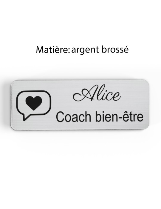Badge personnalisé coach bien-être, motif coaching et épanouissement, finition argent brossé