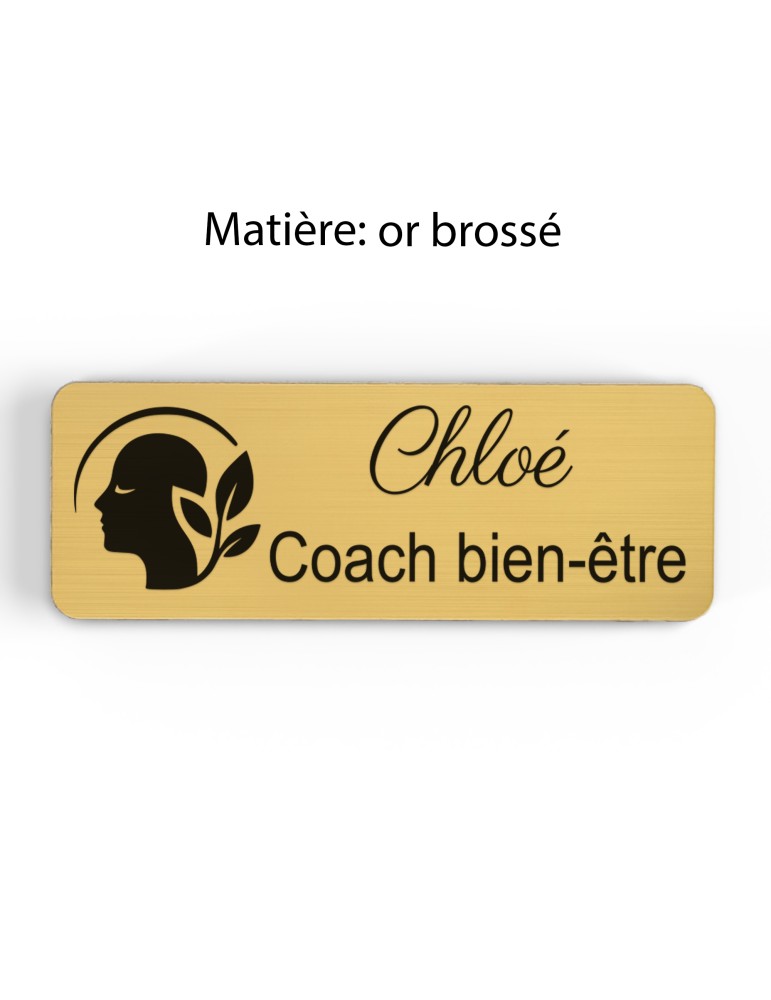 Badge personnalisé coach bien-être, motif coaching et épanouissement, finition or brossé