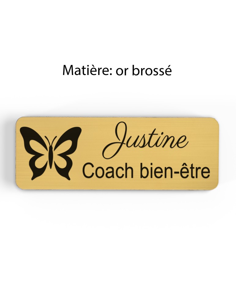 Badge personnalisé coach bien-être, motif coaching et épanouissement, finition or brossé