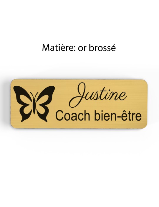 Badge personnalisé coach bien-être, motif coaching et épanouissement, finition or brossé
