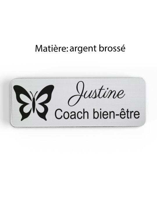Badge personnalisé coach bien-être, motif coaching et épanouissement, finition argent brossé
