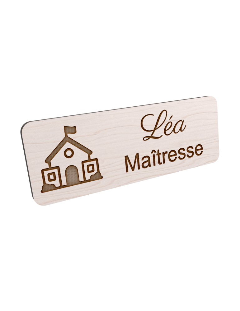 Badge personnalisé maîtresse, motif école maternelle et apprentissage, vue en biais