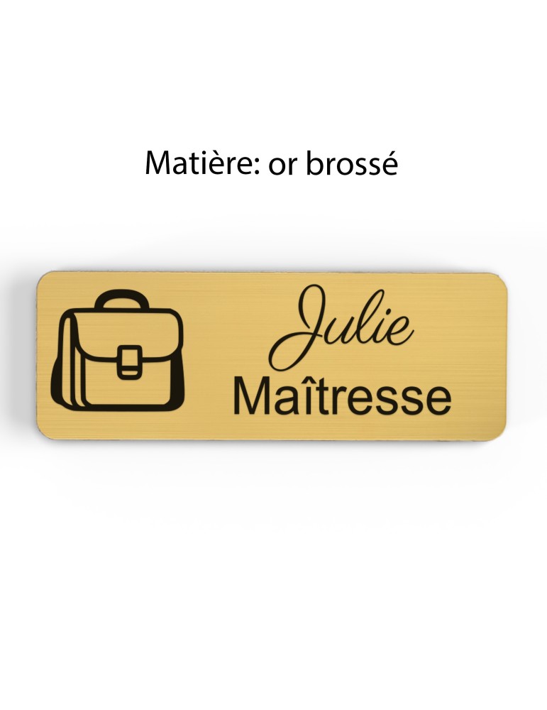 Badge personnalisé maîtresse, motif école maternelle et apprentissage, finition or brossé
