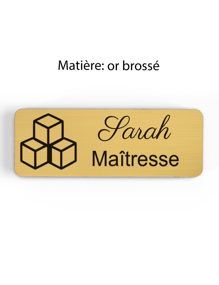 Badge personnalisé maîtresse, motif école maternelle et apprentissage, finition or brossé