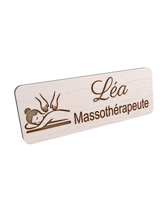 Badge personnalisé massothérapeute, motif massage et détente, vue en biais