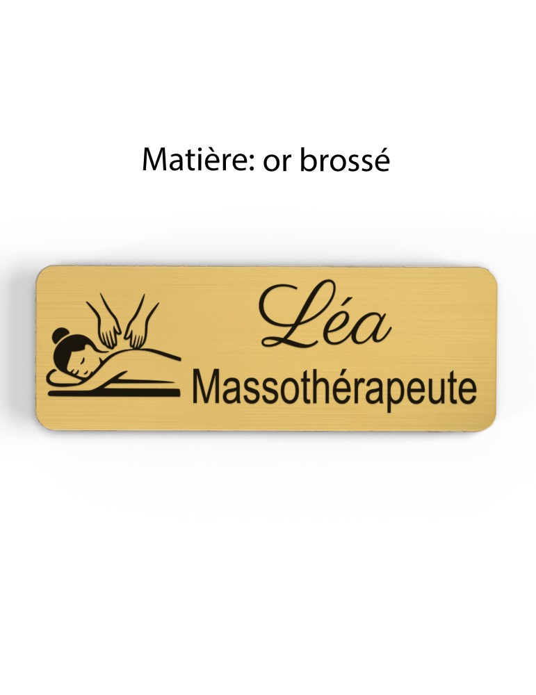 Badge personnalisé massothérapeute, motif massage et détente, finition or brossé