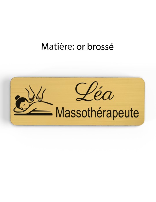 Badge personnalisé massothérapeute, motif massage et détente, finition or brossé