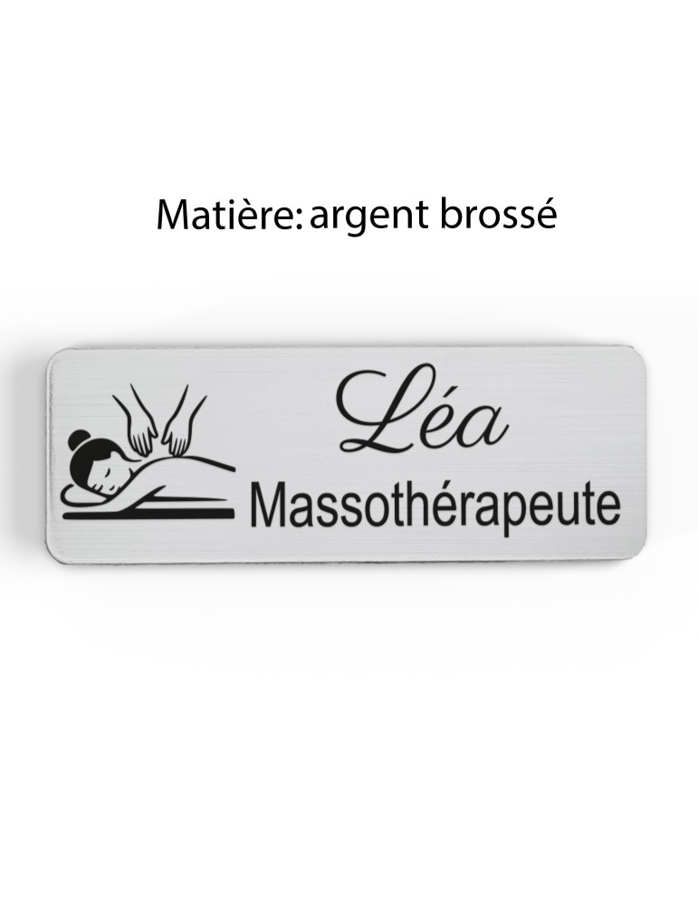 Badge personnalisé massothérapeute, motif massage et détente, finition argent brossé