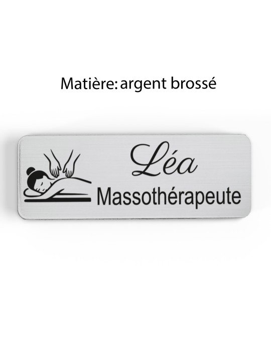 Badge personnalisé massothérapeute, motif massage et détente, finition argent brossé