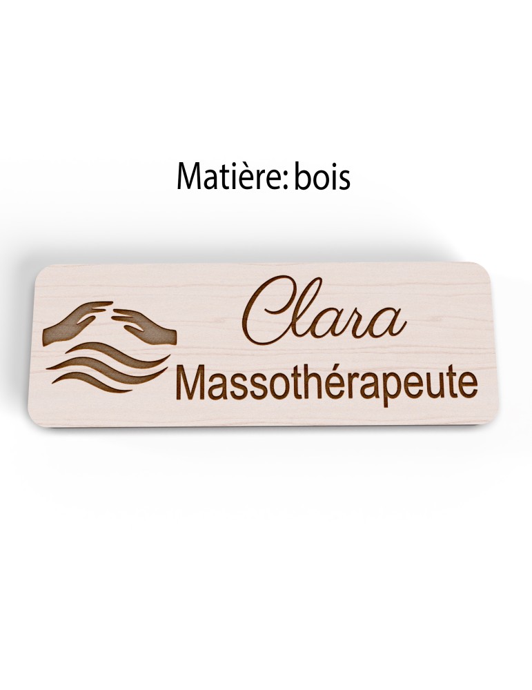 Badge personnalisé massothérapeute, motif massage et détente, version bois vue à plat