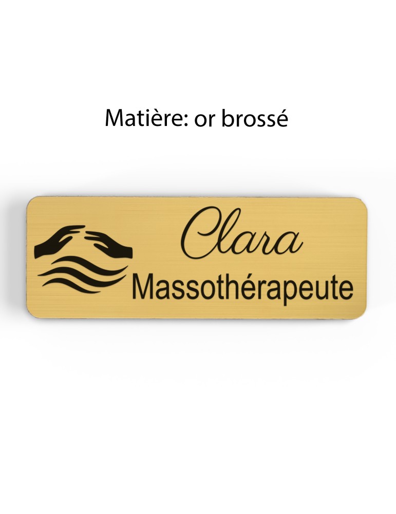 Badge personnalisé massothérapeute, motif massage et détente, finition or brossé