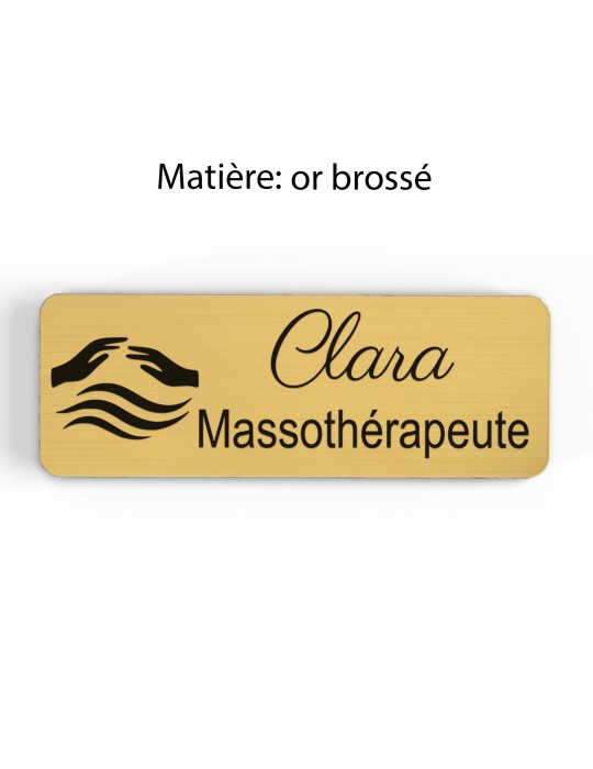 Badge personnalisé massothérapeute, motif massage et détente, finition or brossé