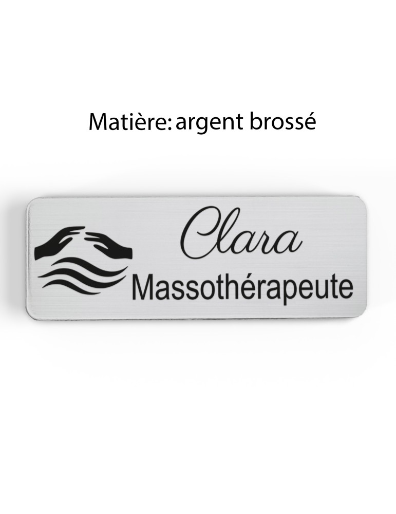 Badge personnalisé massothérapeute, motif massage et détente, finition argent brossé