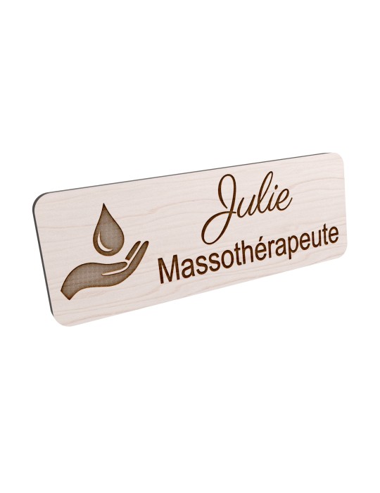 Badge personnalisé massothérapeute, motif massage et détente, vue en biais