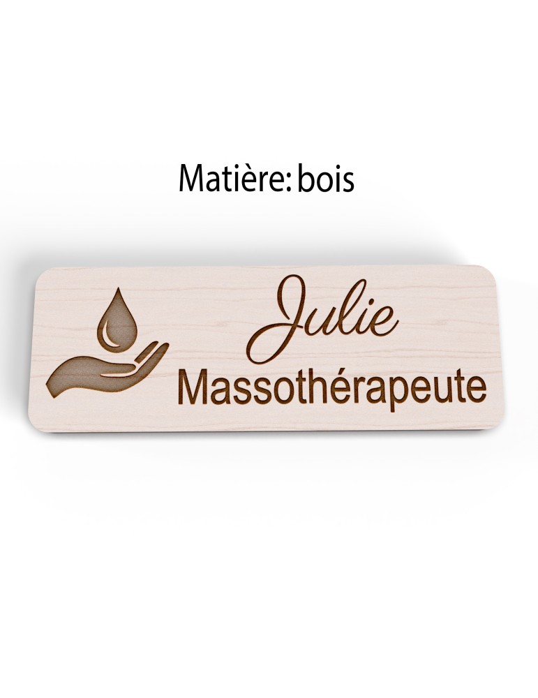 Badge personnalisé massothérapeute, motif massage et détente, version bois vue à plat
