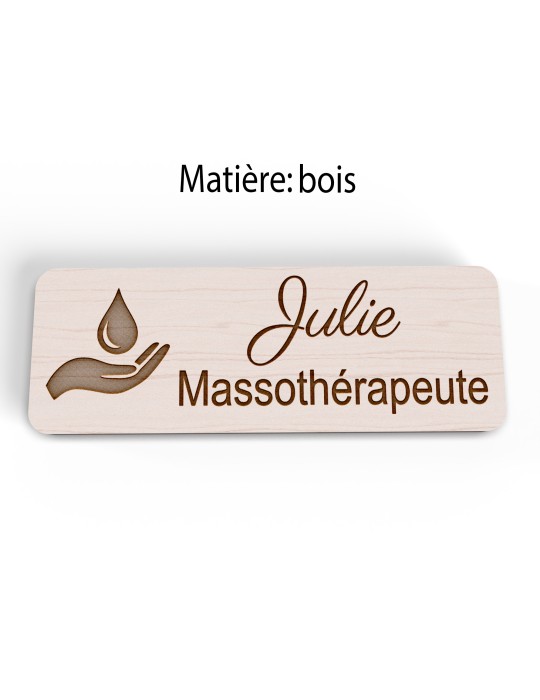 Badge personnalisé massothérapeute, motif massage et détente, version bois vue à plat