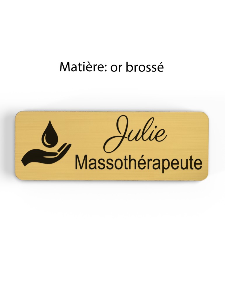 Badge personnalisé massothérapeute, motif massage et détente, finition or brossé