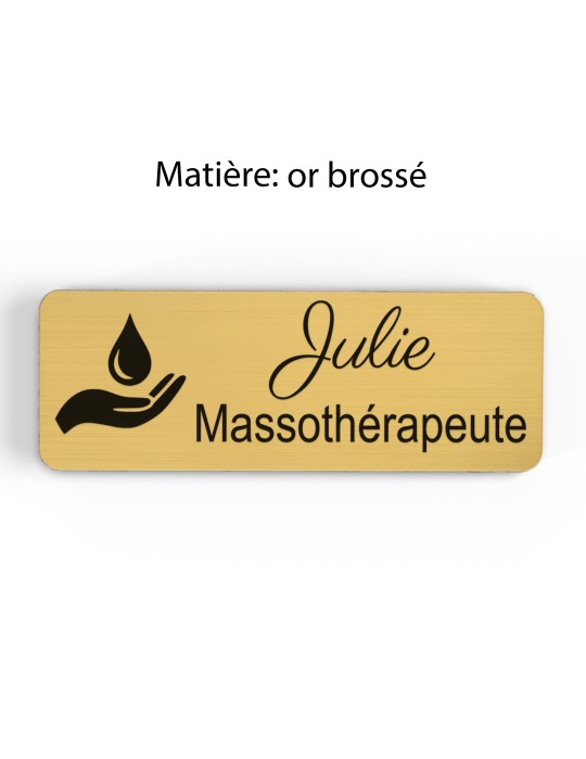 Badge personnalisé massothérapeute, motif massage et détente, finition or brossé
