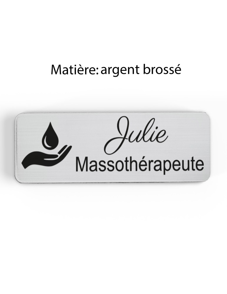 Badge personnalisé massothérapeute, motif massage et détente, finition argent brossé