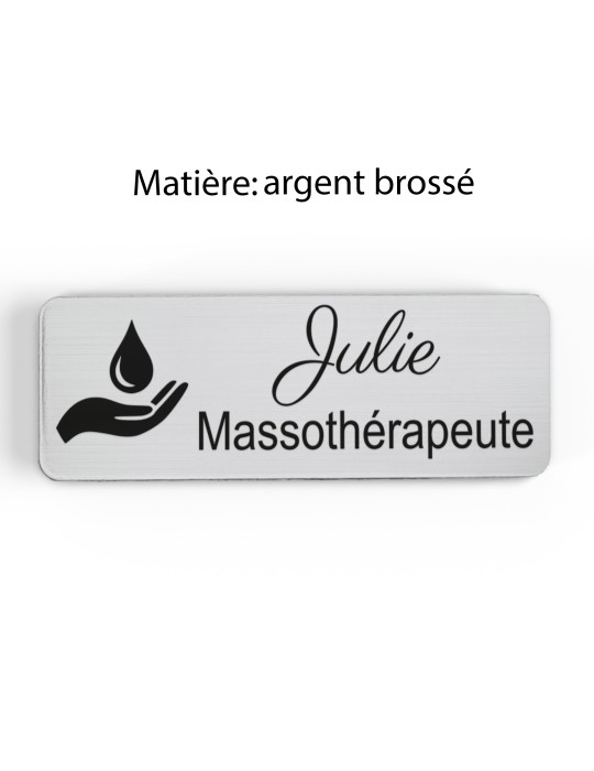 Badge personnalisé massothérapeute, motif massage et détente, finition argent brossé
