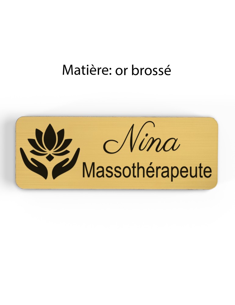 Badge personnalisé massothérapeute, motif massage et détente, finition or brossé