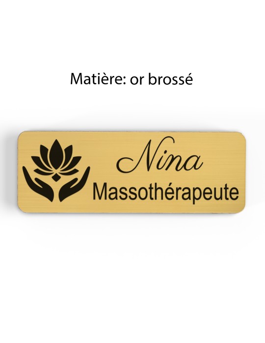 Badge personnalisé massothérapeute, motif massage et détente, finition or brossé