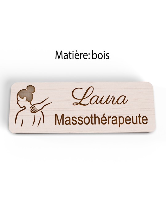 Badge personnalisé massothérapeute, motif massage et détente, version bois vue à plat