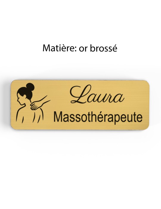 Badge personnalisé massothérapeute, motif massage et détente, finition or brossé