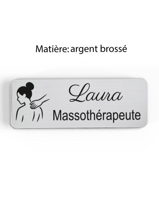 Badge personnalisé massothérapeute, motif massage et détente, finition argent brossé