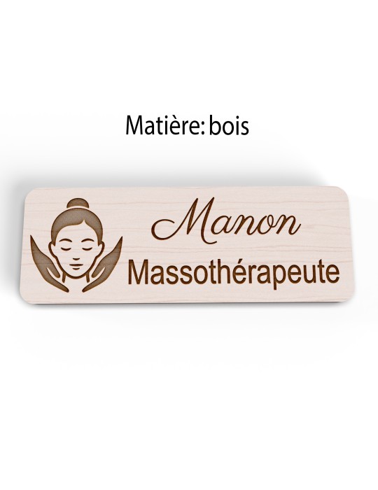 Badge personnalisé massothérapeute, motif massage et détente, version bois vue à plat