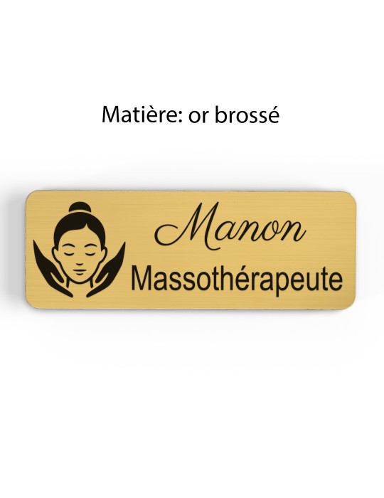 Badge personnalisé massothérapeute, motif massage et détente, finition or brossé