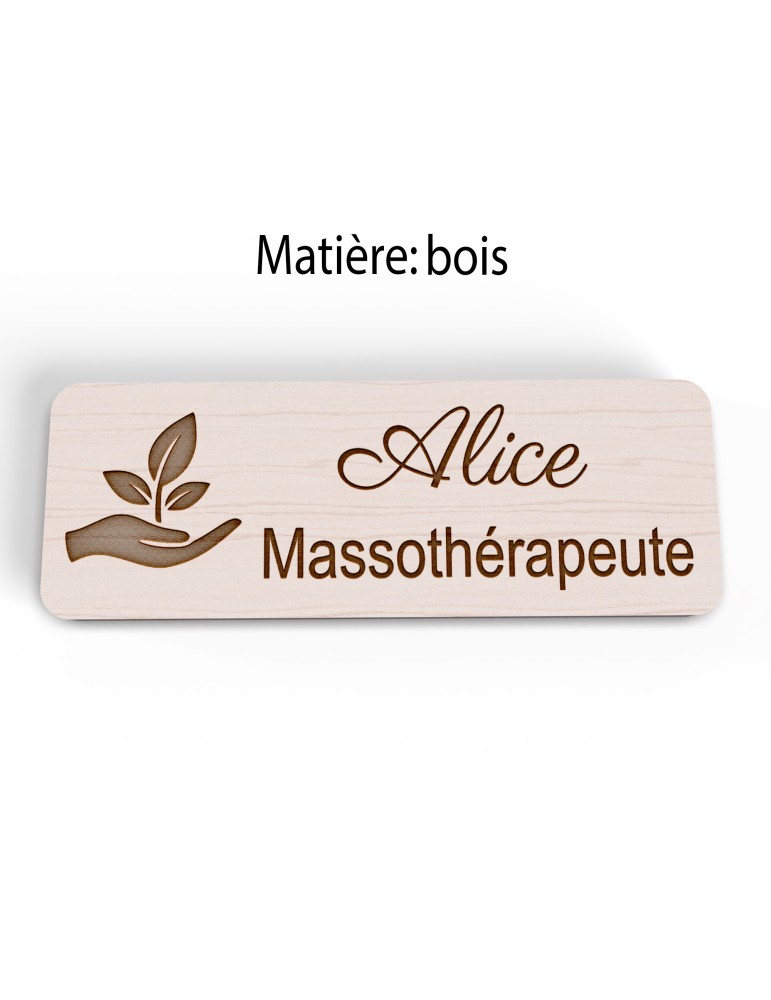 Badge personnalisé massothérapeute, motif massage et détente, version bois vue à plat