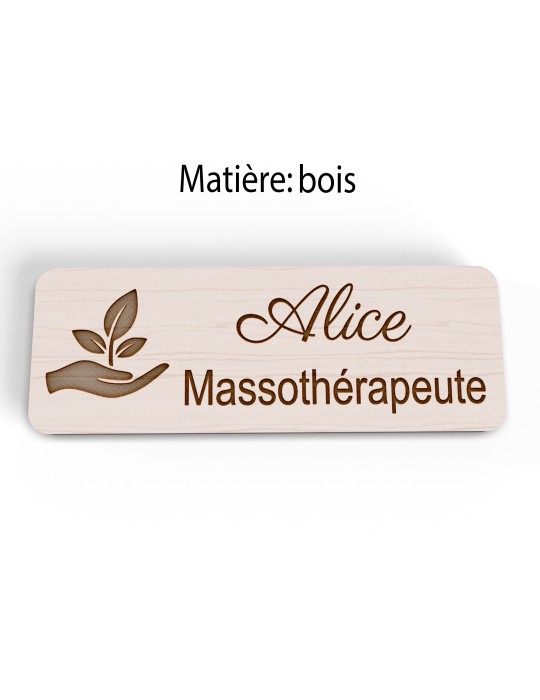 Badge personnalisé massothérapeute, motif massage et détente, version bois vue à plat