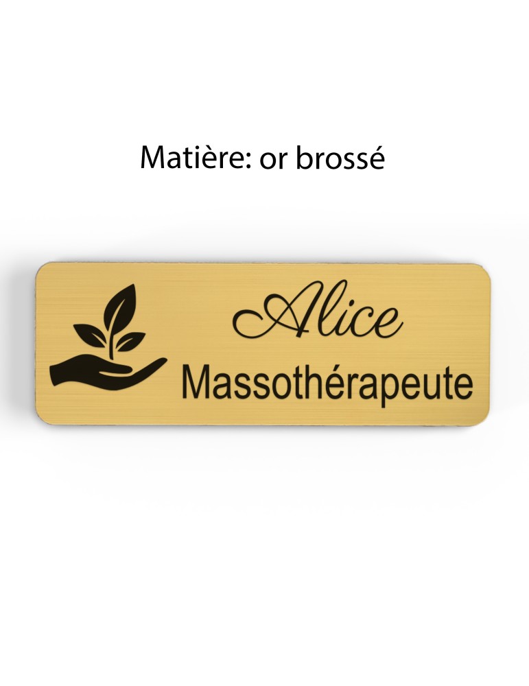 Badge personnalisé massothérapeute, motif massage et détente, finition or brossé