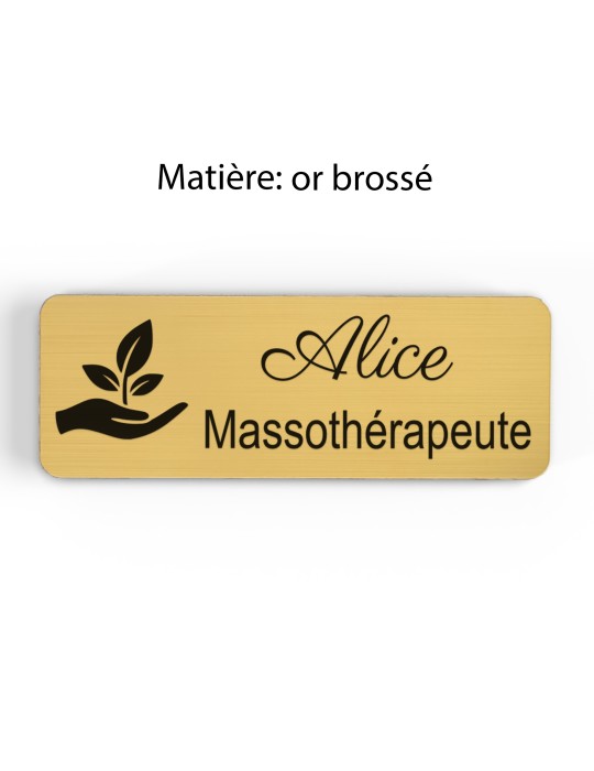Badge personnalisé massothérapeute, motif massage et détente, finition or brossé