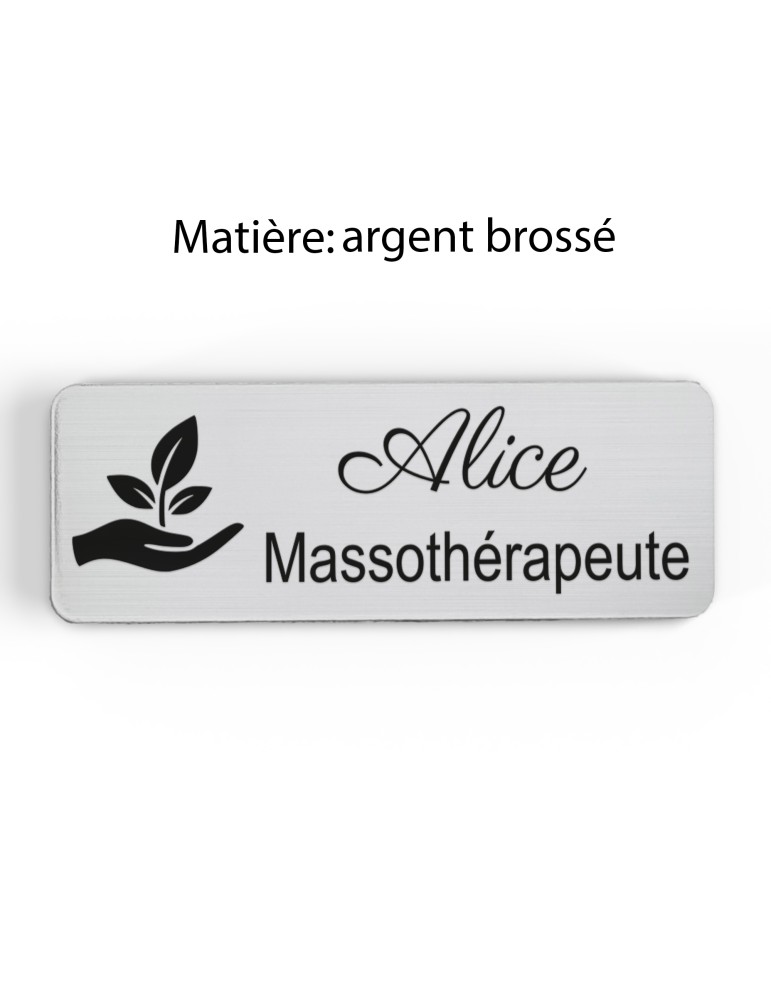 Badge personnalisé massothérapeute, motif massage et détente, finition argent brossé